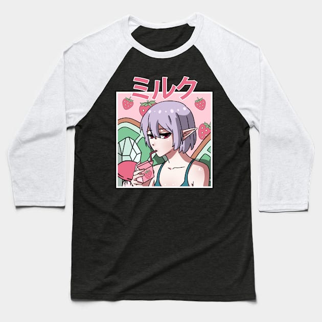 Fairycore Aesthetic Fairy Drinking Strawberry Milk Baseball T-Shirt by Alex21